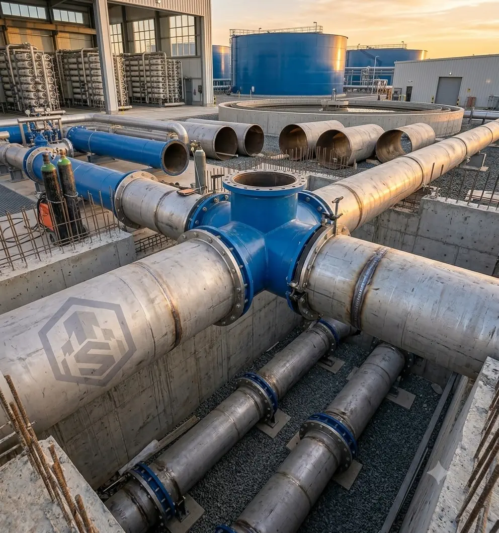 Sumo East water treatment plant under construction with large pipework